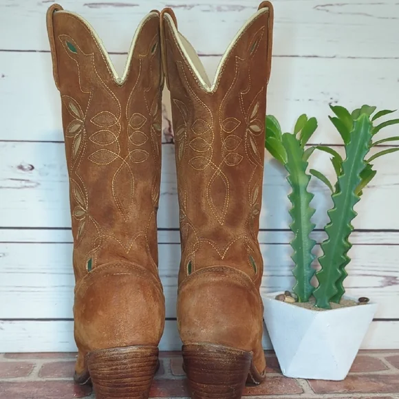 Vintage Acme Cowboy Cowgirl Boots 70's Women's 9.5 Suede Inlay Cutouts Butterfly - Picture 10 of 16